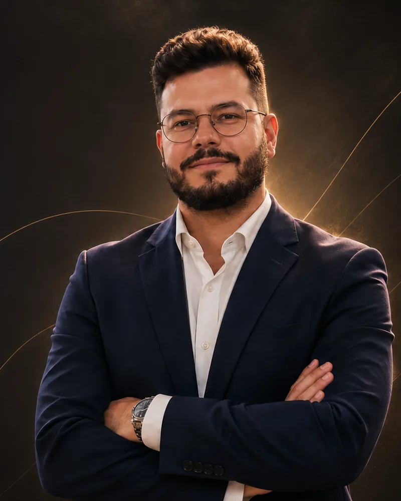 Fabricio Assoni de blazer azul-marinho e óculos redondos, braços cruzados, olhando para a câmera