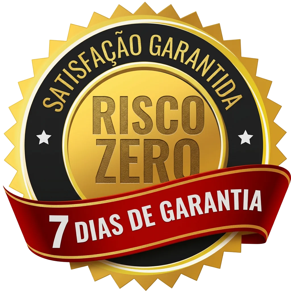 Selo dourado e preto: Satisfação Garantida, Risco Zero, 7 dias de garantia