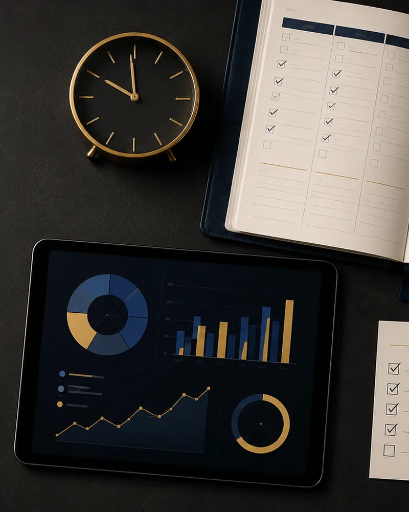 Agenda azul-marinho, caneta, relógio dourado e tablet com gráficos discretos sobre mesa preta