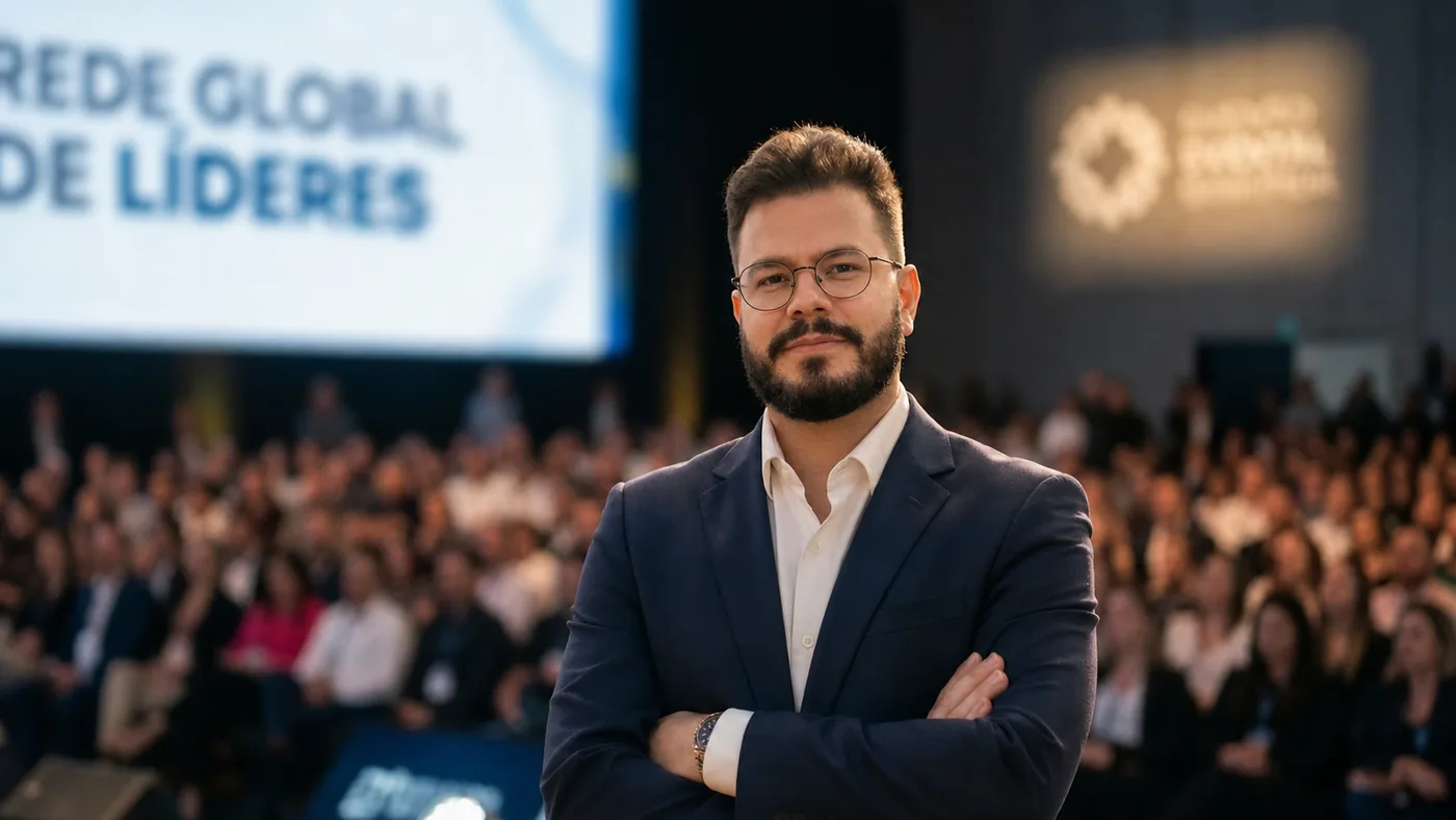 Fabricio Assoni em pé, de blazer azul-marinho, durante uma apresentação