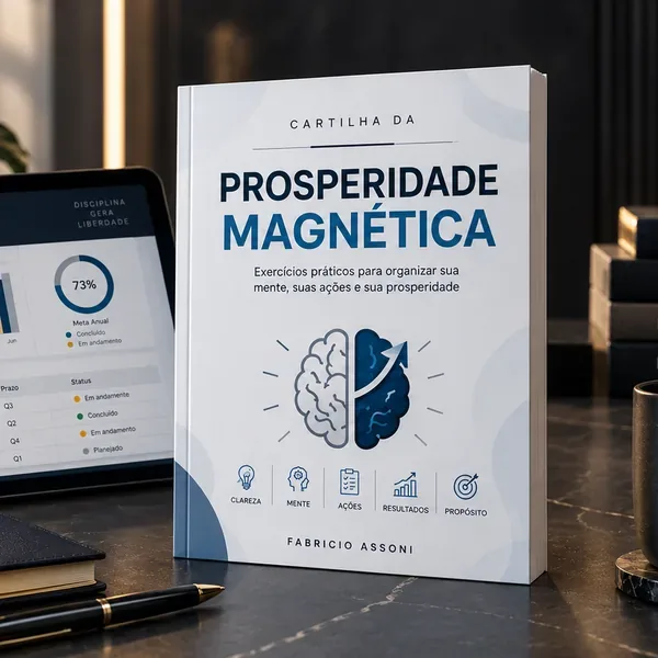 Capa da Cartilha da Prosperidade Magnética sobre uma mesa escura, ao lado de um tablet e uma caneta